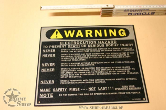US Army  PLATE,INSTRUCTION HAZARD