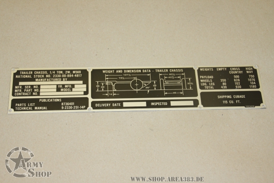 Data Plate 1/4 Ton Trailer ARMY M Serie