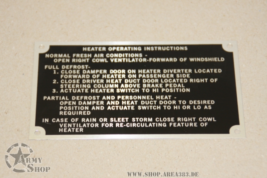 Data Plate Heater M151 Ford Mutt