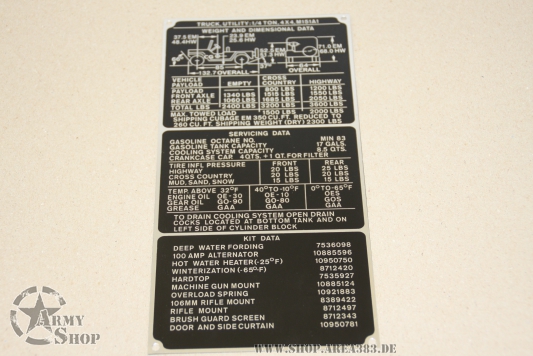Data plate M151 A1 Weight and Dimensional DATA