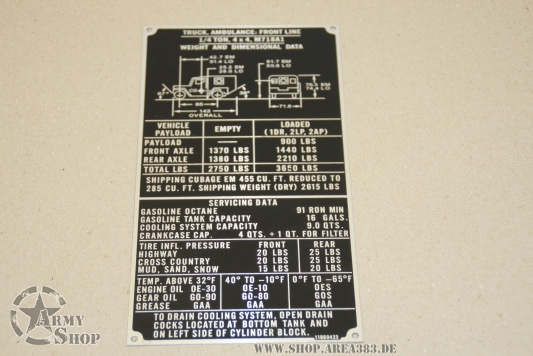 Data Plate Ford Mutt M718A1 Weight and Dimensional DATA