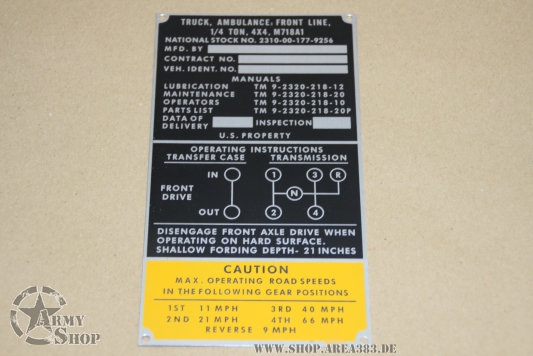 Nomenclature Data plate Ford Mutt Ambulance  M718A1