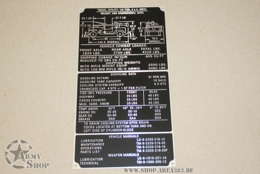 Data Plate Ford Mutt M825 Weight and Dimensional Data