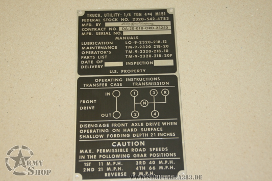 Data Plate Ford Mutt  M151 Ford Motors Company