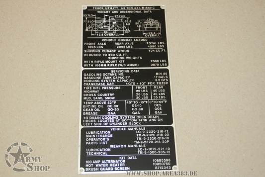 Data Plate Ford Mutt M151A1C Weight and Dimensional Data