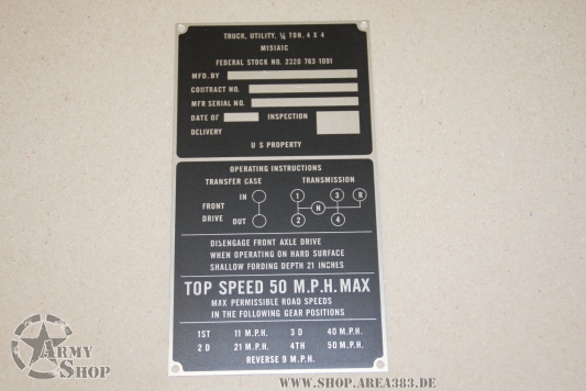Data Plate M151A1C Recoiless Rifle Carrier