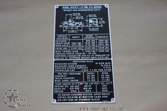 Data Plate Ford Mutt M151 A2 Dimensional, Servicing & Weight Pla