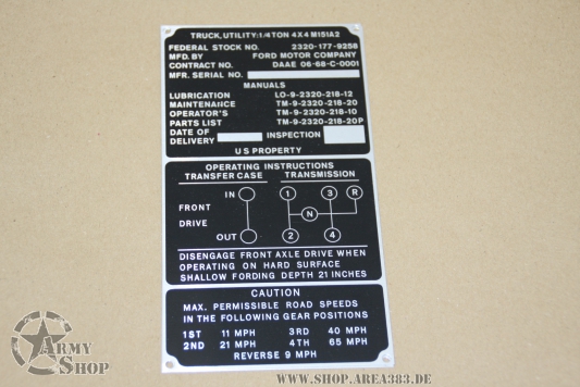 Data Plate Ford Mutt M151 A2