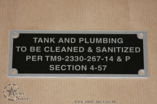DATA PLATE Tank and Plumbing 115 mm x 45 mm US