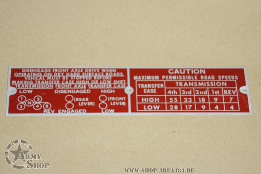 N.O.S. Dodge M37 M43 Shift / Speed Data Plate G741