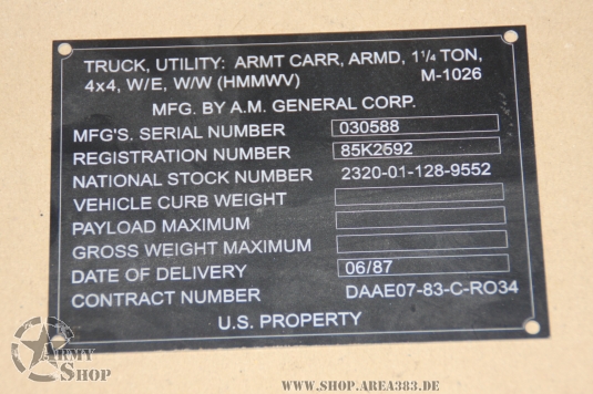 Data Plate M1026 HMMWV