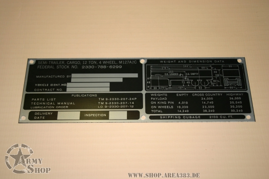 Data Plate Semi Trailer 12 TON M127A2C