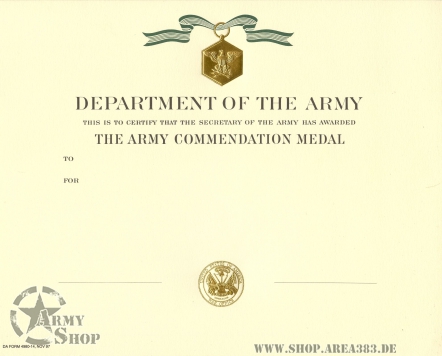 US ARMY Urkunde Commendation Medal  254mmx204mm