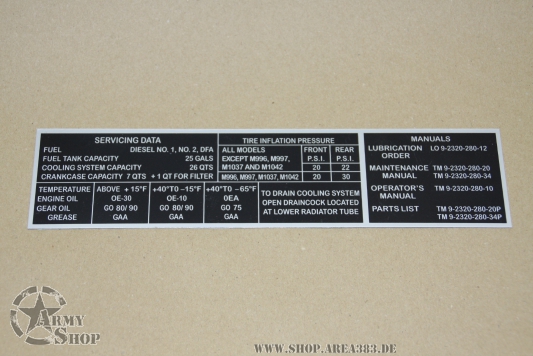 Data Plate Army Hummer Servicing Data HMMWV