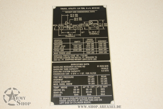 Data Plate Ford Mutt M151 A2 Dimensional, Servicing & Weight Pla