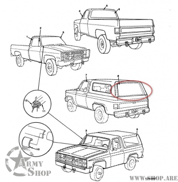 Heckscheibe M1009 Chevy K5 grünton  Kurbelscheibe