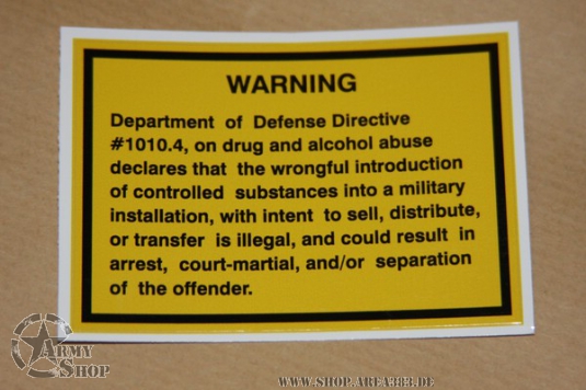 Aufkleber US DRUGS AND ALCOHOL WARNING