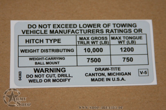 Aufkleber  Load Rating Information HMMWV