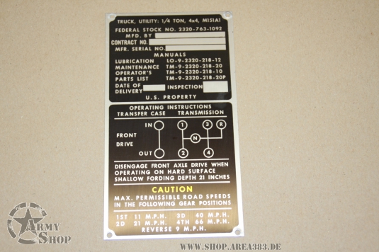 Data Plate Ford Mutt M151 A1