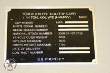 US Army Hummer Identification Plate  für HMMWV M998