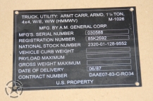 Data Plate M1026 HMMWV